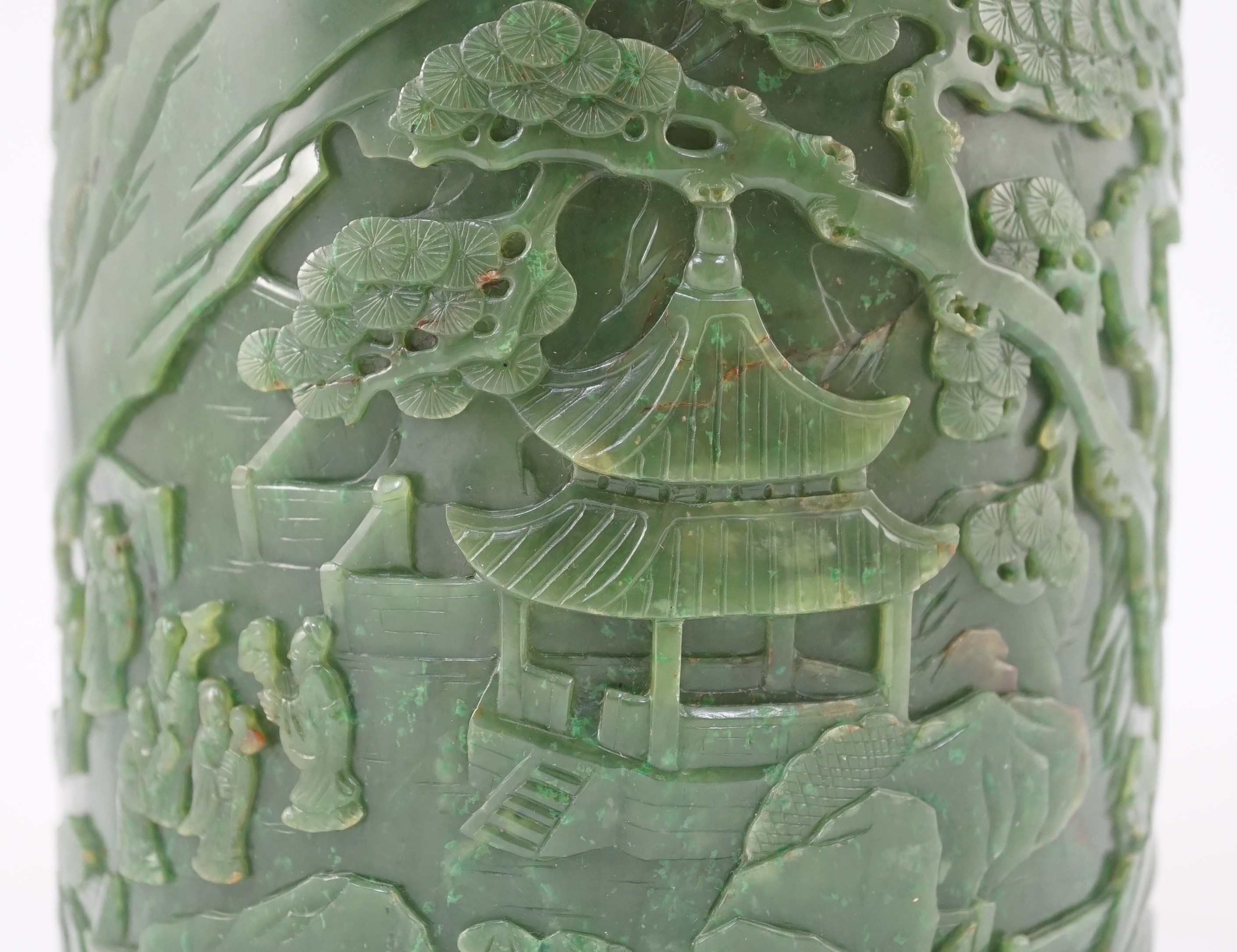 A large Chinese spinach green jade brushpot, bitong, 16.8cm high, 14.9cm diameter